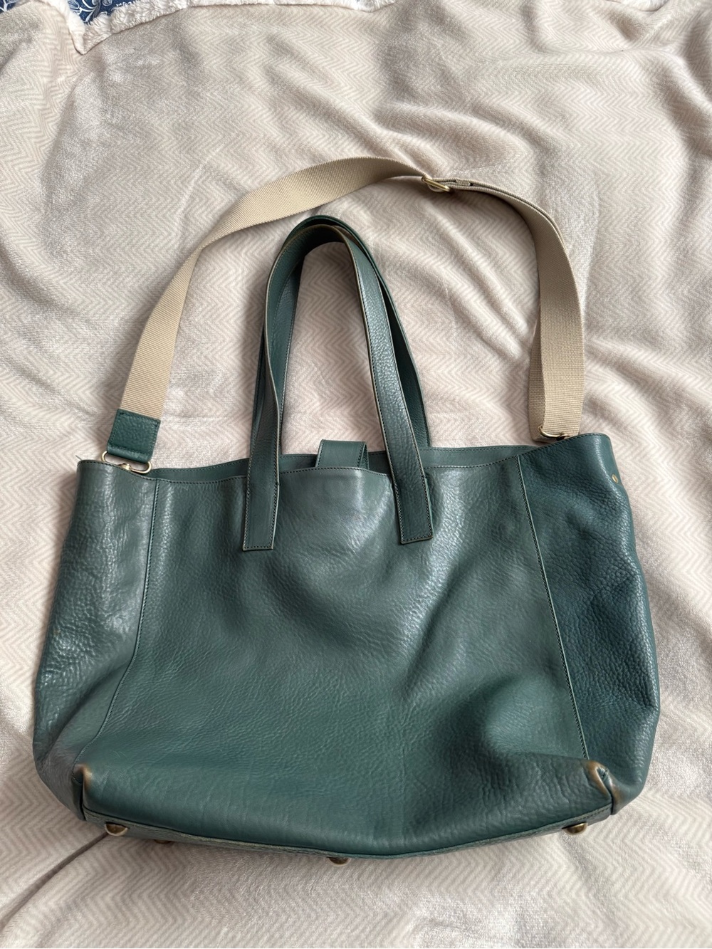Roots Green Leather Tote with Beige Adjustable Strap
